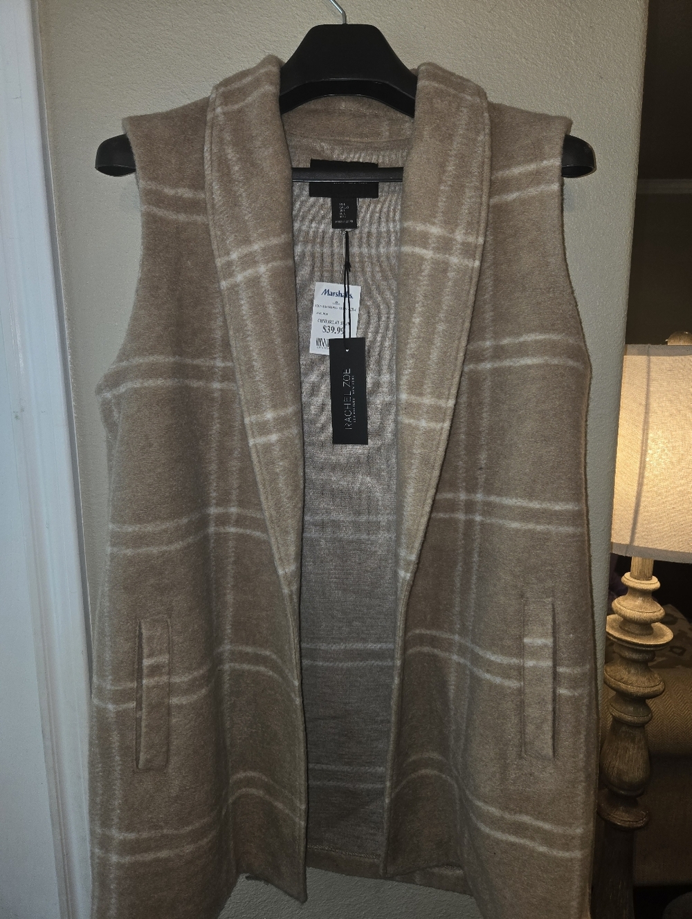 Rachel Zoe Taupe and Cream Plaid Sleeveless Hooded Knit Vest